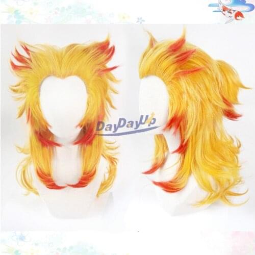 Demon Slayer Kimetsu No Yaiba Rengoku Kyoujurou Yellow Red Cosplay Heat Resistant Synthetic Hair Halloween Party + Free Wig Cap