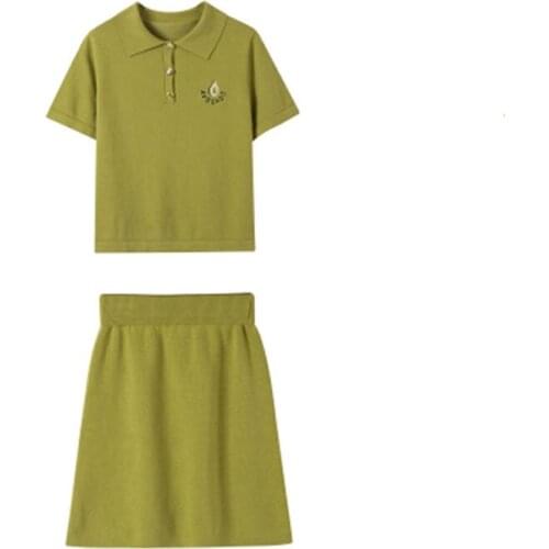 PERHAPS U Women Turn Down Collar Two Pieces Set Short Sleeve Mini Elastic Waist Skirt Knitted Green Avocado Summer T0214