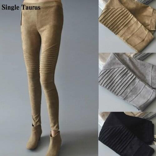 Suede Fabric Locomotive Moto Biker Trousers Women Fashion Slim Push Up Warm Pleated Winter Pants Elasticity Skinny Leggings 2019
