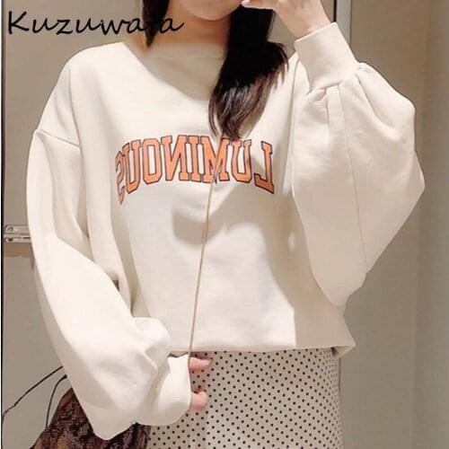 Kuzuwata Chic Letter Print Pattern Drop Shoulder Women Hoody 2021 Spring New Fashion Solid Hoodies Loose Pullover Sweatshirts