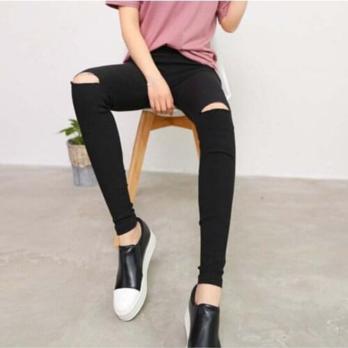 Women Fashion Hole Pencil Pant Black Trousers For Women Summer Casual Pants Slim Stretch Female Large Size