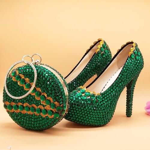 BaoYaFang Green crystal Womens Wedding shoes and bags high heels platform shoes with purse woman High shoes Plus Big size