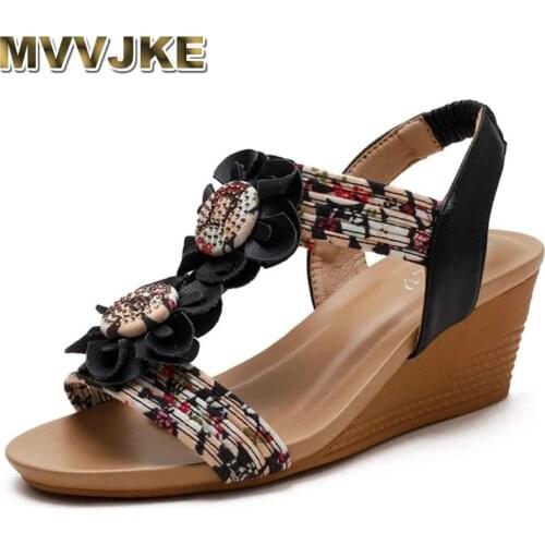 MVVJKE2021 New Summer Sandals Women Vintage Flower Print Platform Sandals Lightweight Elastic Band Womens Slippers Sandals