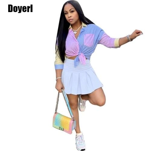 Streetwear 2 Piece Sets Womens Outfits Elegant Striped Shirt Blouses Top Pleated Skirt Dress Sets Women Two Piece Outfits 2021
