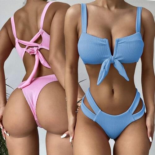 Sexy V Shape Bandeau Push Up Bikini Set women Wide Shoulder Strap BowKnot Bandage Swimwear Swimsuit Thong Bathing suit Beachwear