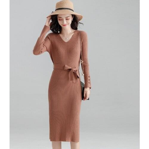 Autumn And spring New Style Korean Version of the Long women Dress V-neck Pit Strip Jumpers women sweater Dress