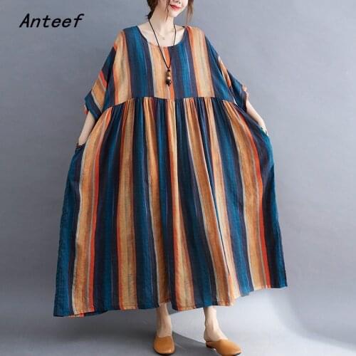 Anteef short sleeve cotton vintage stripe dresses for women casual loose long woman summer dress elegant clothes 2021