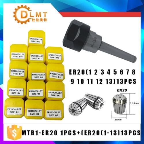 1PCS handle MT1 ER20 MTB1 ER20A M6 Morse#1 taper holder collet chuck+13pcs spring collet 1/2/3/4/5/6/7/8/9/10/11/12/13MM