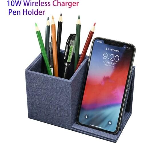 10W Wireless Charger Pen Holder USB Fast Charging For iPhone Huawei Xiaomi Phone Stand Office Desktop Organizer Box Quick Charge