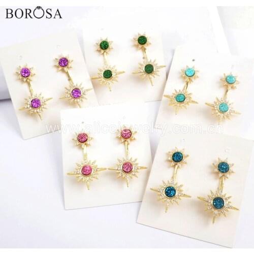 BOROSA 4pairs Double Round Rainbow Druzy Dangle Earrings Star Sun CZ Micro Pave Crystal Gold Earrings ZG0386