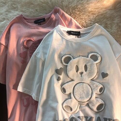 3D Bear Embroidery Cartoon T Shirt Women Girls Kawaii Clothes 2021 Japanese Style Oversized Loose New Summer Tees Tops Harajuku