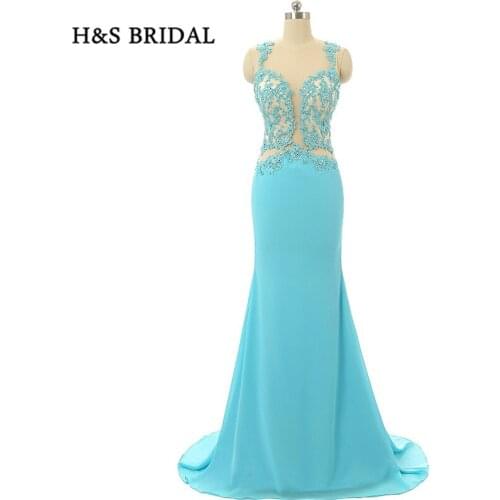 H&S Bridal Charming Mermaid Chiffon Blue Sheer Evening Prom Dresses Illusion Bodice Appliques Women Evening Gowns