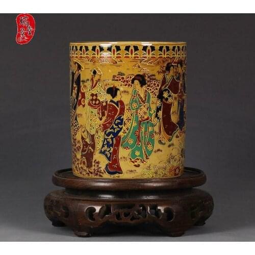 China old antique Porcelain Hand painting MINGGUO Pastel Exotic Beauty Brush Pot
