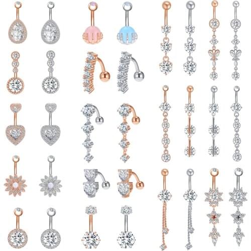 Stainless Steel Belly Button Rings 14g Drop Dangle Belly Rings for Women Opal Belly Navel Piercing Rose Gold Body Jewelry
