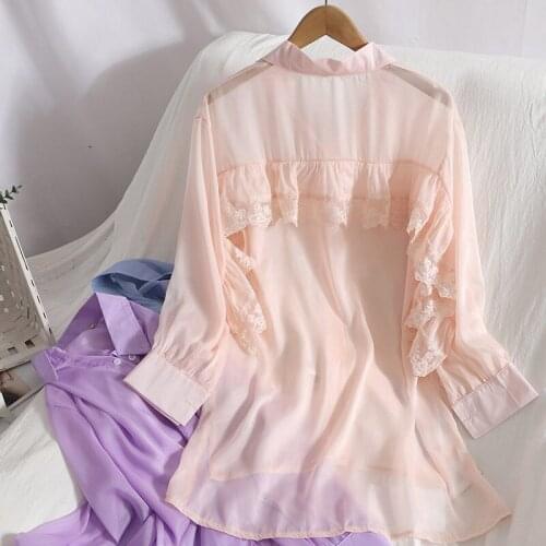Front Short And Long Slit Sunscreen Shirt Pure Color Wild Thin Cardigan Chiffon Shirt Summer New Lace-side Shirts Women aq879