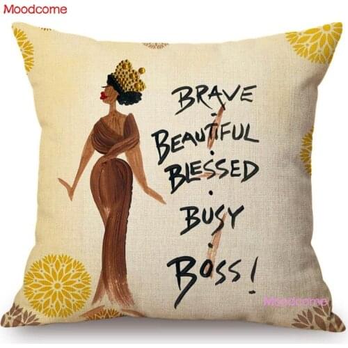 Fashion African Queen Sketch Black Girl Woman With Encouraging Quotes Cartoon Art Sofa Pillow Cover Cotton Linen Cushion Cover