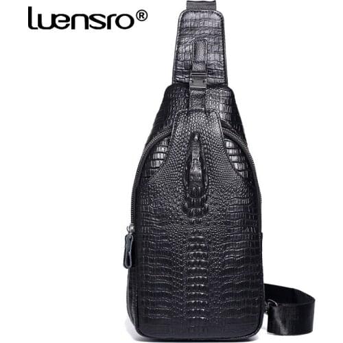 Natural Cow Leather Men Chest Bag Male Messenger Bags Leather Casual Mens Travel Shoulder Bags Crocodile pattern Crossbody Bag