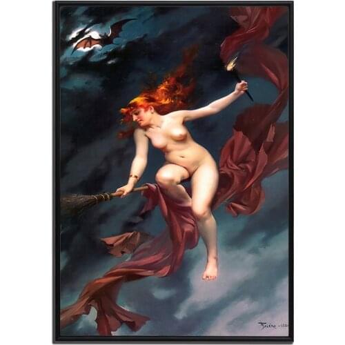 The witches Sabbath Witchy Decor Wall Art Canvas Print Poster Flying Witch Vintage Art Picture Wicca Wiccan Bat Antique Painting