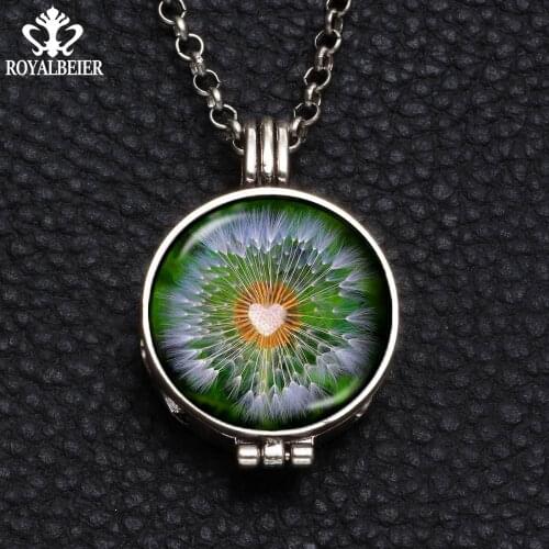 RoyalBeier 1PCS Crystal Glass Ball Dandelion Necklace With Perfume Diffuser 65cm Silver Color Chain Pendant Necklaces For Women