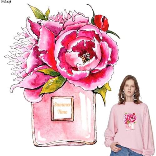 Pulaqi Perfume Vase Patch Flowers Applique Stripes Iron On Transfers For Clothing Fashion Girl Thermal Stickers On Clothes Badge