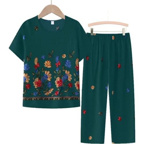 1 Set Loose Two Piece Pajama Suit T-shirt Pants Floral Print Mid Waist Round Neck Thin Short Sleeve Middle-aged Sleepwear Outfit