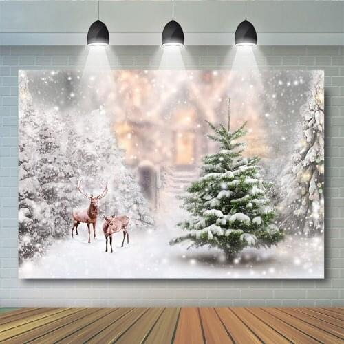 Christmas Reindeer Snow Themed Background Christmas Trees Fantasy Forest Backdrop for Photography Wood House Photocall