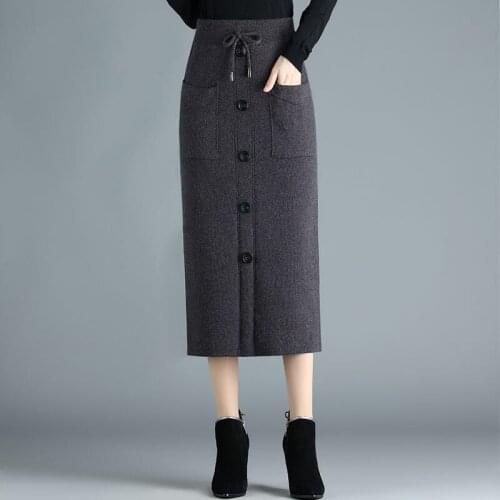 Woolen Knitted Mid-Length Skirt Female Autumn And Winter High Waist Slim Ladies Package Hip Split One-Step Elegant Jupe Y542