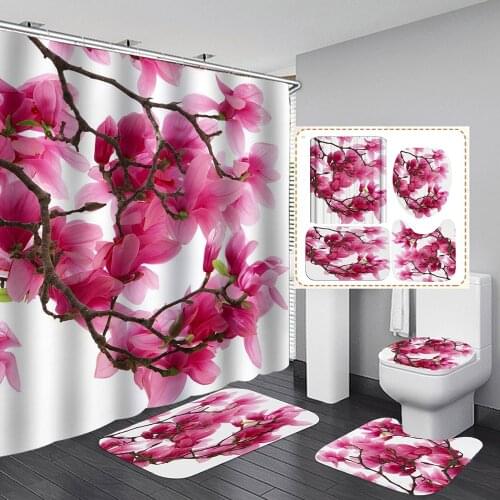 Plum Blossom Pattern Shower Curtains Beautiful Flowers Bathroom Curtain Bath Mat Set Non-Slip Pedestal Rug Toilet Lid Cover Mats