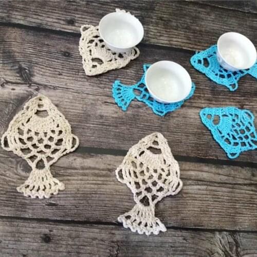 Handicrafts Crochet 3D Fish Table Placemat Dining Cotton Lace Tea Cup Mat Coffee Mug Pad Drink Glass Coasters Set Doily Kitchen