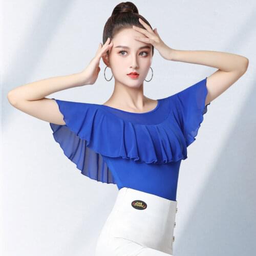 Waltz Top Ruffled Dance Clothes Blue Short-Sleeved Modern Practice Ballroom Beautiful Western Style Stretchy Slim Fit Lotus Leaf