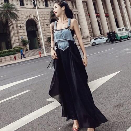 Denim Dresses Summer 2020 Fashion Women Sundress Patchwork Sleeveless Suspender Dress Irregular Korean Chic Vestidos AA5405