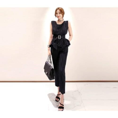 2020 Summer Print Striped OL Office Work Two Piece Set for Ladies Sleeveless Blouse and Slim Pants with Belt Woman 2 Piece Set