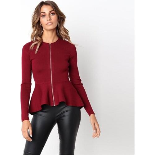 S-XL women o neck long sleeeve zipper coat tops lady winter autumn pure color brand ruffles pure color tops coat