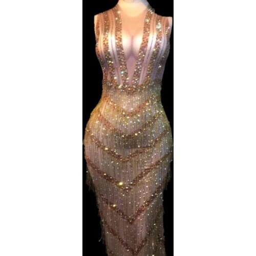 Women Sexy Stage Wear Bling Long Dresses Gold Tassel Sparkling Crystals Costumes Nightclub Wedding Party Stage Dance Costumes