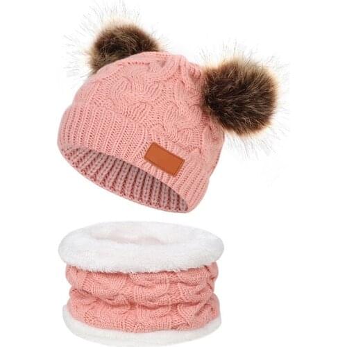 2Pcs/Set Baby Hat With Scarf Warm Autumn Winter Kids Girl Boy Beanie Cap Scarves Pompom Crochet Children Toddler Bonnet Hat