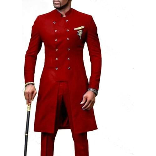 2021 Custom Made Red Double Breasted Terno Groom Tuxedos Groomsmen Mens Wedding Suits Groom Prom Blazer( Jacket+Black Pant)