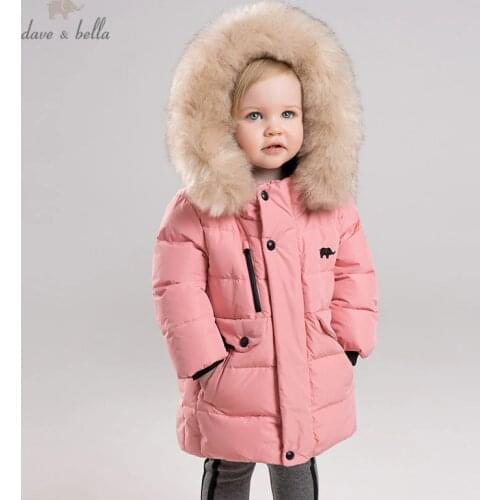 DB12008 dave bella winter baby girls down fur coat zipper hooded outerwear children 90% white duck down padded kids jacket