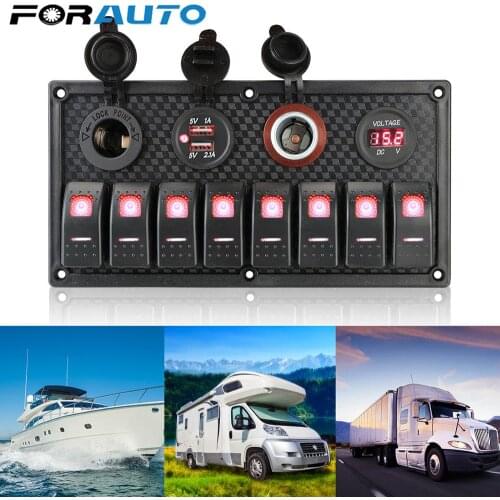 Dual USB Cigarette Lighter Socket Digital Voltmeter 8 Gang Switch Panel 12V/24V Car Marine RV Circuit LED Breaker