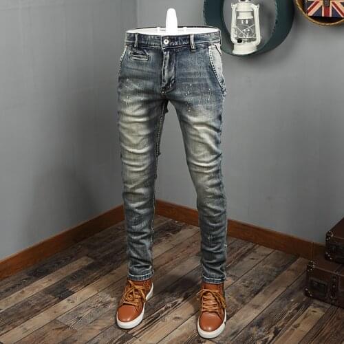 Italian Vintage Fashion Men Jeans High Quality Elastic Cotton Slim Fit Retro Ripped Jeans Men Painted Designer Denim Punk Pants