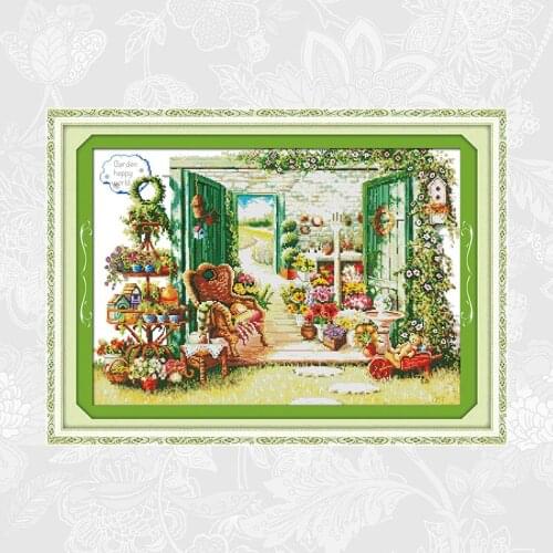 Joy sunday Flower shop Cross Stitch Printed Canvas 14CT 11CT DIY Handwork Cross-stitch Embroidery Sets Needlework Crafts