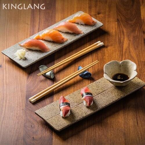 KINGLANG NEW Stripe Splicing Sushi Plate Ceramic Rectangular Dish Japanese Long Plate Restaurant Display Tray