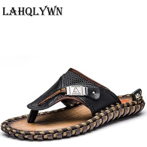 2018 New Mens Flip Flops Genuine Leather Slippers Summer Fashion Beach Sandals Shoes For Men Big Size 48