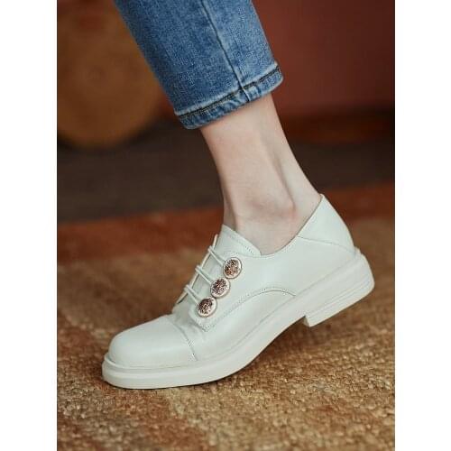 EshtonShero New Women Buckle Square Low Heels Pumps Summer String Bead Pumps Retro White Cow Leather Round Toe Shoes Woman