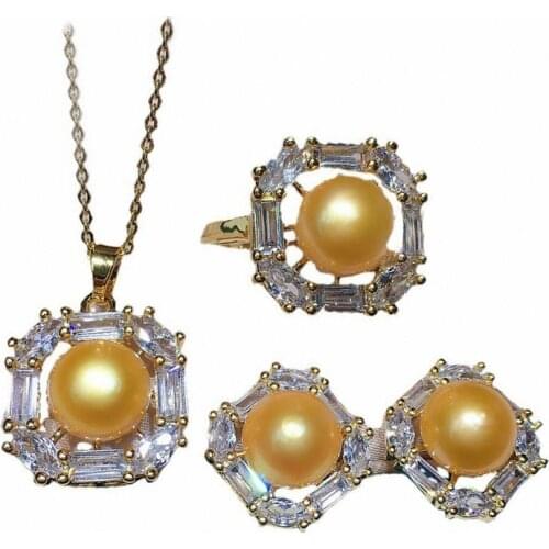 SINZRY DIY costume jewelry Cubic Zirconia yellow natural pearl women square pendant necklace earring ring jewelry sets