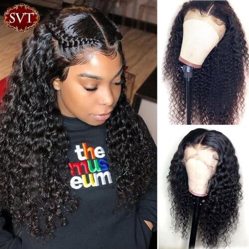 SVT Malaysian Deep Wave Lace Frontal Wig Human Hair Wigs Natural Color Prelucked Curly Lace Closure Wigs Black Color 180 Density