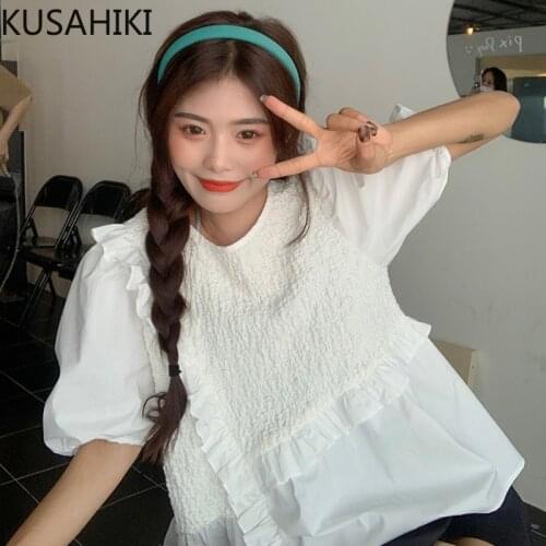 KUSAHIKI Sweet Folds Ruffle Patchwork Woman Doll Shirts Korean Puff Sleeve O-neck Blouse Tops Summer New Blusas Mujer 2021 6J465