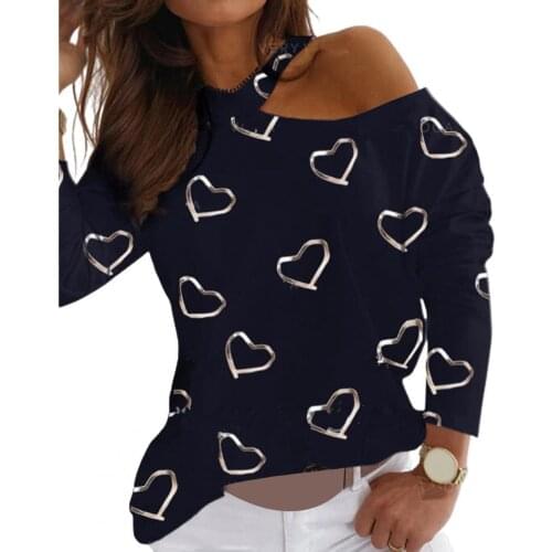 Sexy Women Sweatshirt Tops Long Sleeve Hollow Out Blouse Autumn Love Heart Print One Shoulder Casual Top Plus Size 2 Colors