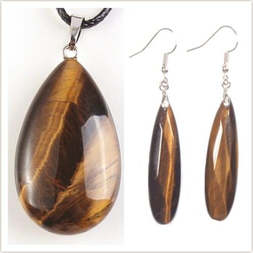 Kraft-beads Silver Plated Natural Tiger Eye Stone Pendant Water Drop Earrings For Party Gift Jewelry Sets
