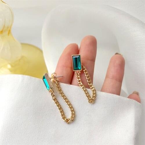ORZTOON Retro Fashion Square Emerald Earrings For Women Personality Gold Color Chain Classic Earrings Trendy Female Jewelry New