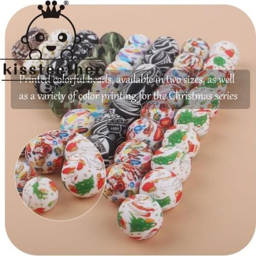 Kissteether 10pcs 12mm Silicone Christmas Print Beads Baby Round Shaped Beads Teething BPA Free Sensory Chewing Toy Accessories
